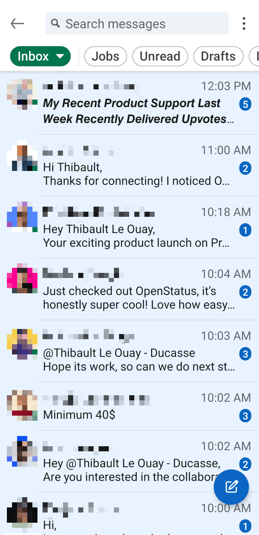 screenshot of linkedin inbox full of spam